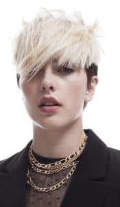 Woman styled with short blonde hair